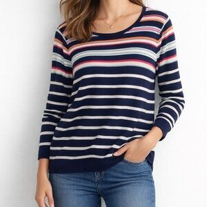 Chico’s Striped Knit Top Size 3 XL Navy Multicolor Metallic Stitch Button Cuff